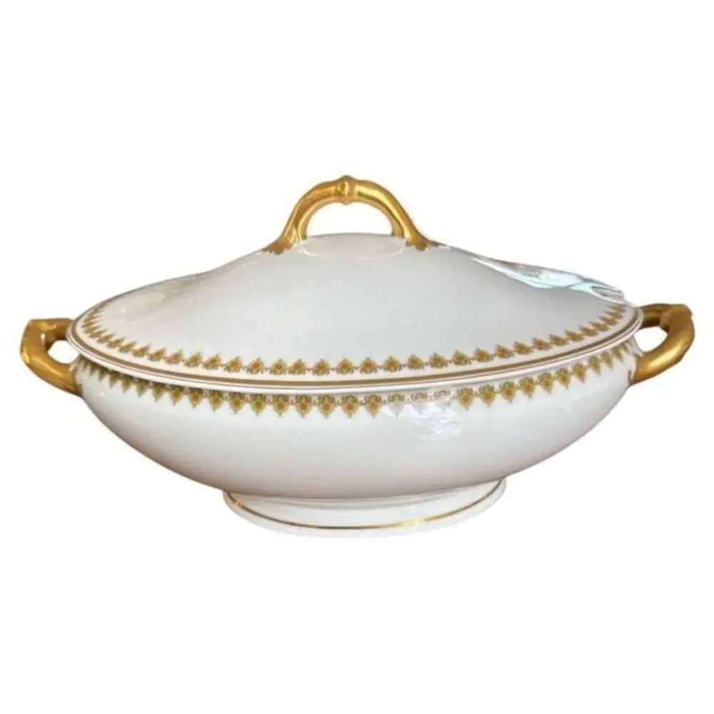 Haviland Limoges Antique Oval Tureen w Lid Serving Bowl Gold‎ Rim Green Vine
